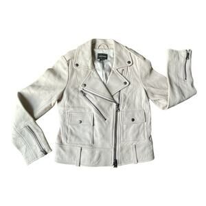 Club Monaco 100% Lambswool Moto Full Zip Leather Jacket Beige XS Women